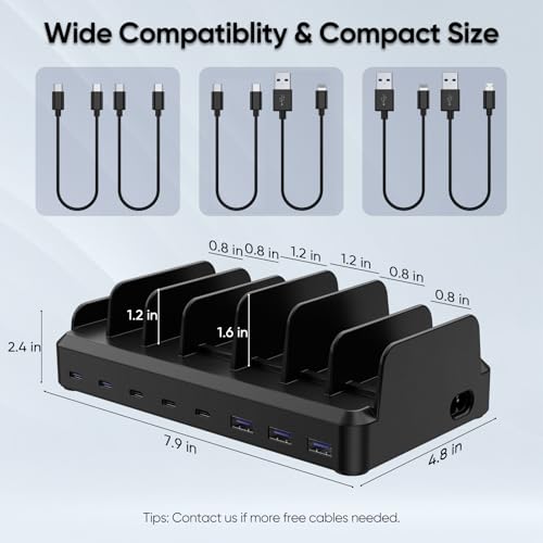 Image of 300W Charging Station for Multiple Devices, 8 Port Multi USB C Fast Charger Station Dock for MacBook iPhone 17 /16 /15 /14 /13 /12 Samsung Pixel Series iPad, Black (6 Mixed Short Cables Included)