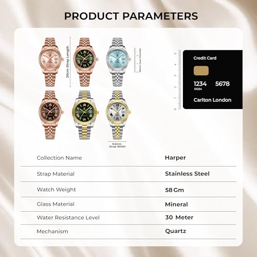 Image of Carlton London Harper Women Analog Watch, Round Dial, Stainless Steel Strap, Quartz Movement, Green Dial, Silver Strap, 30M Water Resistant | CLRLW-006