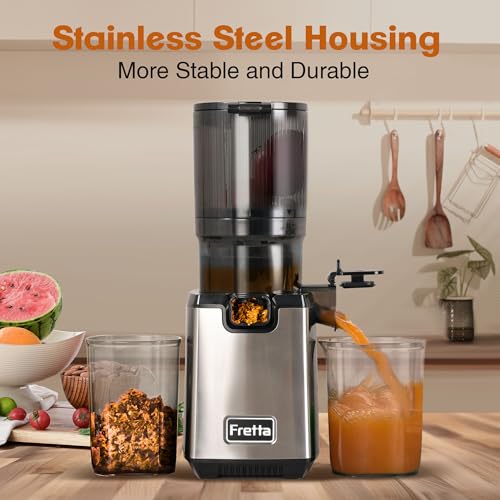 Cold Press Juicer Machines,Fretta Slow Masticating Juicers with 5.3\" Large Feed Chute Fit Whole Fruits & Vegetable Easy Clean Self Feeding Juice Extractor,Tritan Material BPA Free 250W,Stainless Steel
