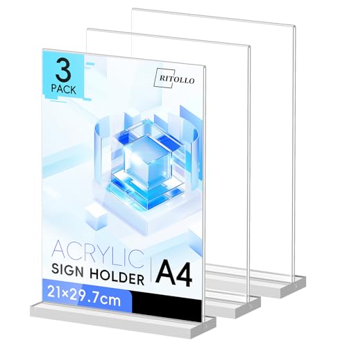 RITOLLO 3 Pack A4 Acrylic Sign Holder Double Sided Display 8mm Thick T-Shape Stand Clear Perspex Menu & Price Sign Holder Stable Countertop Display for Restaurant Pub Shop & Office