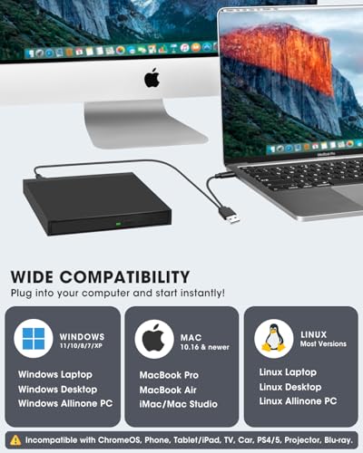 Image of ROOFULL External CD DVD Drive with SD Card Reader & USB 3.0 Ports Hub & Carrying Case, USB-C CD DVD ROM /RW Disk Player Burner Writer for Laptop Mac PC Windows 11 /10 MacBook iMac Desktop Computer