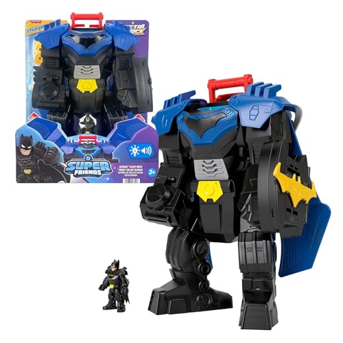 Fisher-Price Imaginext DC Super Friends Batman Traje mecánico volador de 36,83cm con luces, sonidos y movimiento, figura de acción de 7,6cm y accesorios de lanzador y discos, JDL03