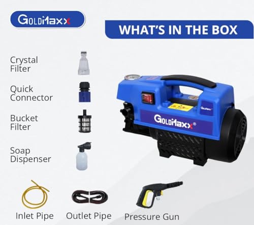 Image of GoldMaxx High Pressure Car Washer Machine 2800 Watts, Copper Winding, 160 Bar, 10L /Min Flow, 8 Meters Outlet Hose, High Power Portable Machine with Accessories for Cleaning Cars, Bike, Home & Garden