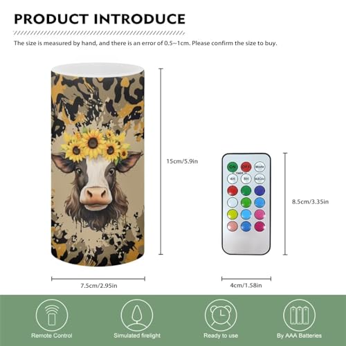 Image of Poceacles Cow Sunflower Pattern LED Flameless Candles with Remote and Timer, Battery Operated Fake Flickering Candles for Home Wedding Decor