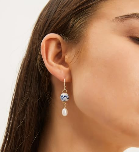 Blue Porcelain Genuine Freshwater Pearl Gold Huggie Earrings Blue White Floral Porcelain Pearl Earrings Small Hoop Earrings3