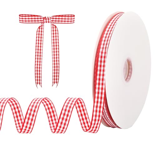 Dynoro Red and White Gingham Ribbon 3/8IN x 50Yd - Elegant Thin Red Checkered Ribbon for Christmas Gift Wrapping DIY Crafts and Hair Accessories Polyester Woven Edge for a Classic Touch