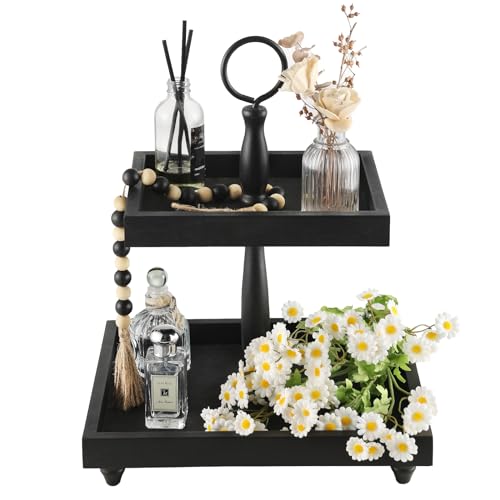 Tiered Tray Stand, Rustic Wooden 2 Tier Decorative Tray with Bead Garland, Farmhouse Square Wood Serving Tray Counter Centerpiece for Coffee Bar Home Decor Holiday Holloween Housewarming Gifts (Black)