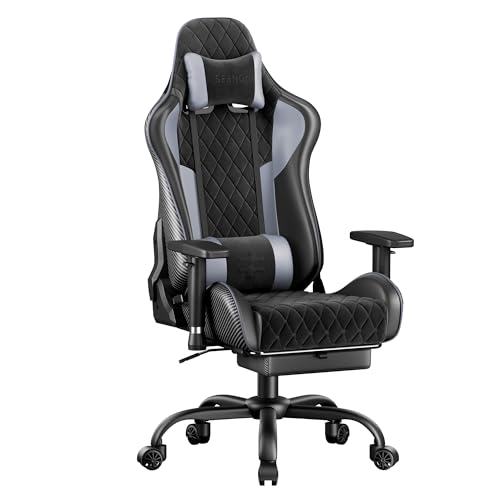 Seenda GCPro-10 Gaming Chair, 145° Reclining Office Chair with Footrest and Full Metal Frame Supporot up to 330 lbs, Adjustable 2D Armrests, 5 Inch Fabric Cushion, Carbon Fiber Design (Black + Grey)