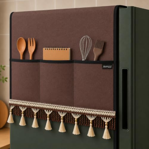 Image of Premium Fridge Cover Top for Single Door Refrigerator with Tassle Lace & 6 Side Pockets | Waterproof, Dustproof & Washable Polyester Refrigerator Cover Top, Organizer Fridge Top Cover (Brown)