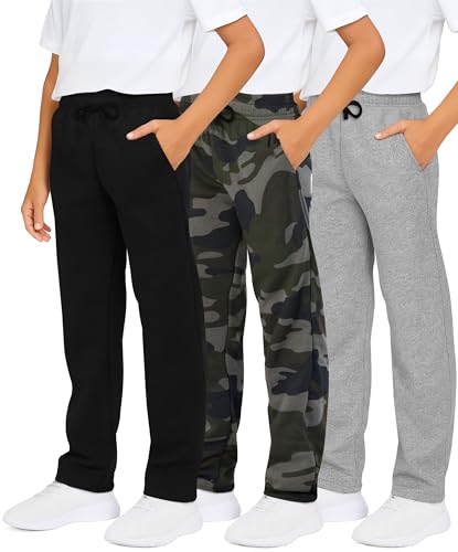 Real Essentials 3 Pack: Boys Cotton Fleece Sweatpants - Open Bottom Athletic Pants with Pockets for Teens & Kids- Set 5 L(12-14)