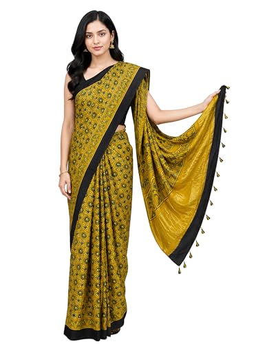 Image of Ethnics of Kutch Womens Ajrakh Modal Silk Natural Dye Golden Border Hand Block Print Saree with Blouse Piece - 5.5 Mtr Length (Yellow 05C01B)