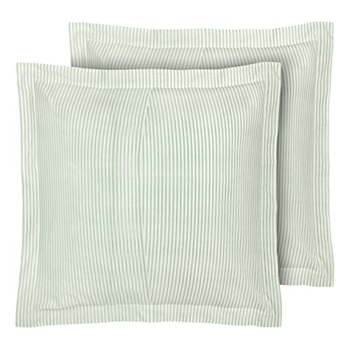 Image of Laura Ashley - Euro Sham Covers, Soft Cotton Decorative Pillow Covers with Envelope Closure, 26x26, Ticking Stripe Room Decor, Set of 2 (Green)