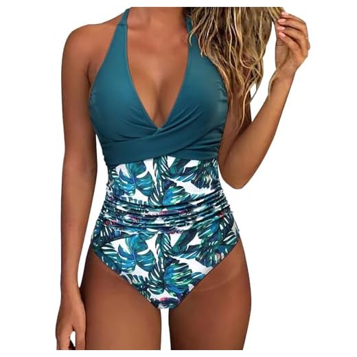 riou Bañador Mujer Reductores Barriga Sexy Espalda Expuesta Vientre Plano Ropa de Baño Traje de Baño de Una Pieza Mujer Fruncido Bañador Natacion Halter Cuello en V Push Up Traje de baño