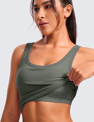 Image of CRZ YOGA Ribbed U Neck Crop Tank Tops | Medium Support, Removable Pads, Casual, Wide Straps, Longline Sports Bras for Women