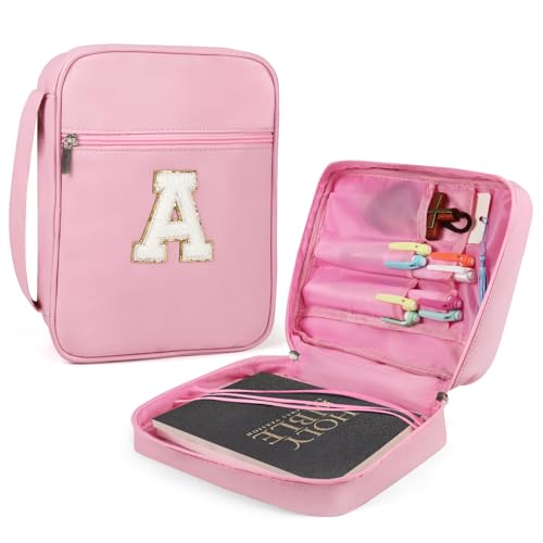 Bible Covers for Girls Fruobeyla Pink Bible Cases for Woman PU Leather Bibles Carrying Case for Women Large Bibles Tote Bags with Handle and Zippered Pocket for Kids Pink (Letter A)