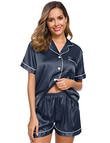Image of SWOMOG Womens Silk Satin Pajamas Short Sleeve Sleepwear Button Down Loungewear Two-Piece Pj Set Deep Grey