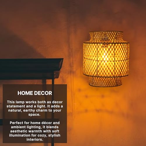 Image of Habere India-All the Cultures Fabricating India Bamboo Wall Lamps | Cane and Rattan for Living Rooms | Cafe Lights | Raffia Wall Lamp | Lamps for Bedroom (Medium: L23 x W29 x H17 cm)
