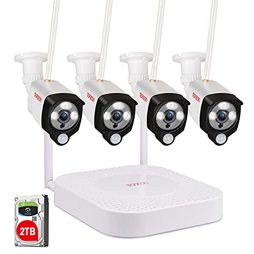 [3MP&2 Way Audio&Expandable] Tonton Security Camera System Wireless,8CH NVR Recorder with 2TB HDD and 4PCS 3MP Outdoor Bullet Wireless IP Cameras with PIR Sensor,Floodlight,Plug and Play(White)