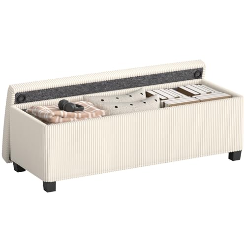 HOMCOM Puff Almacenaje, Banco Almacenaje, Capacidad de 84 L, 112x42x40 cm, Taburete Reposapiés, Tapizado en Pana, Pie de Cama, Carga 220 kg, para Sala de Estar, Dormitorio, Entrada, Beige
