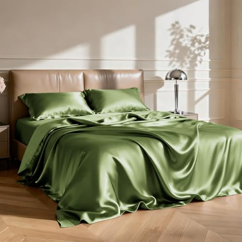 Image of Love's cabin Satin King Sheet Sets - 4 Piece Sage Silky Sheets King Size Bed Set with Deep Pocket, Luxury Silk Feel King Size Satin Sheet Set (1 Flat Sheet,1 Fitted Sheet,2 Pillow Cases)