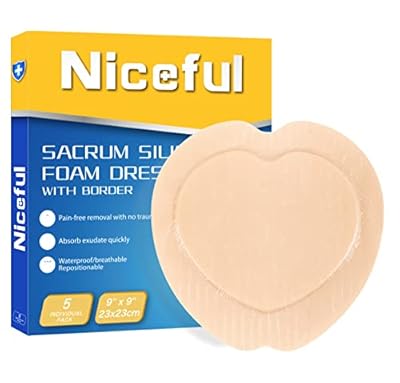Niceful Sacral Foam Dressing 9" x 9" - Border Sacrum Bandage for Bed Sores Pressure, Silicone Adhesive Wound Dressing Pads for Large Wound, 5 Count