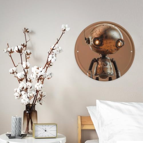 Image of 11.8 X 11.8 Inches Circular Iron Hanging Picture Little Brown Robot Printed Modern Iron Plate Hanging Painting Round Art Hanging Picture for Home Wall Decor