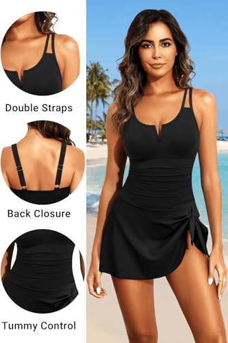 Image of Tempt Me Women Swim Dress Tummy Control One Piece Swimsuits with Skirt 2026 | Adjustable Dual Straps, V-wired neckline, Ruched Tummy Control, Removable Cups, Side Bow-knot