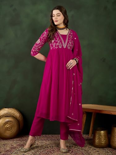 Image of SheWill Kurta Set for Women - Maroon Velvet Zari Sequence Cording Embroidered Kurta with Pant and Cutwork Organza Dupatta