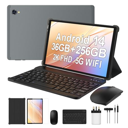 FLYCOAY Android 14 Tablet 10,3 Inch, Octa-Core 2.0 GHz, 2K FHD, 2.4G+5G WiFi, 36GB RAM+256GB ROM (2TB TF), 8000mAh,13MP+8MP, GPS, Bluetooth 5.0, Face ID, Tablet with Keyboard, Mouse(Gray)