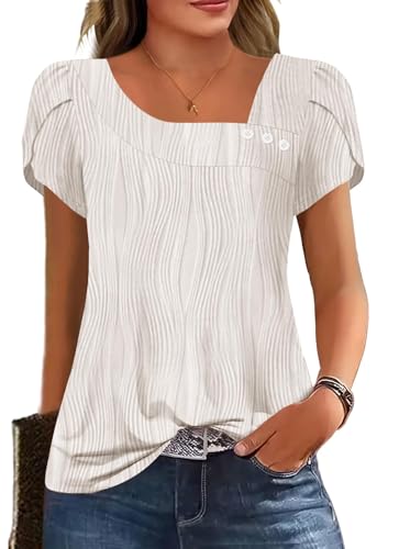 Image of Womens Petal Sleeve Tops Summer Trendy T Shirt Casual Loose Square Neck Button Blouse Tees