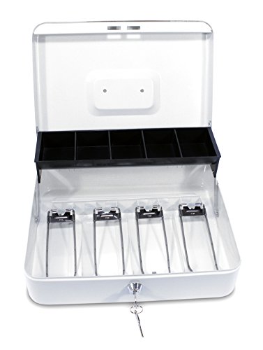 Kolibri Security Durable Metal Cash Box, Money Box with 4 Spring-Loaded Cantilevered Dividers for Bills and 5 Slots for Coin Tray, Key Lock Safe 100% Money Secure and Safe, 2 Keys Included - White