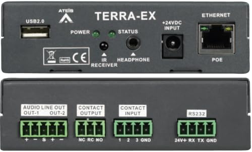 Terra-EXII IP Audio Decoder, 2 Balanced Independent Line Outputs, 1 Headphone Output On Mini-Jack, Power & Status LED, 3 Control Inputs, Ethernet Interface Including POE (Power Over Ethernet)