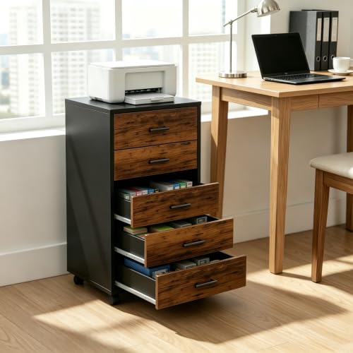 anrekl Cajonera Oficina, Cajonera Escritorio con 5 Cajones, Multiusos Armario Archivador Móvil con 4 Ruedas para Bajo Escritorio Casa, Soporte para Impresora, 69cm Alto