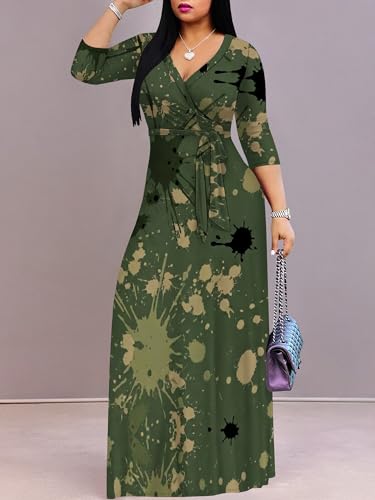 Image of SUZONANA Plus Size Dresses for Women Print Maxi Dresses Flowy 3 /4 Sleeve with Belt