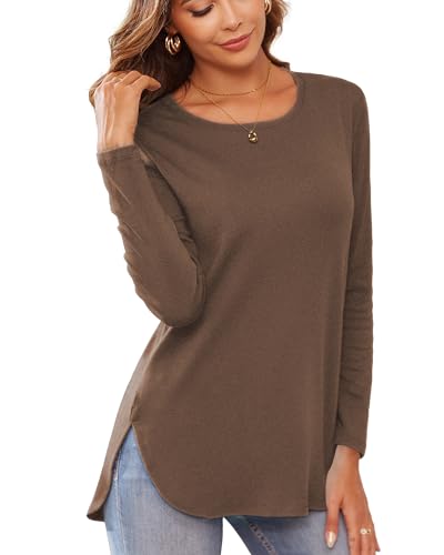 Image of Herou Women's Casual Long /Short Sleeve T Shirt Crewneck with Side Split Fall Pullover Loose Tunic Sweater Tops