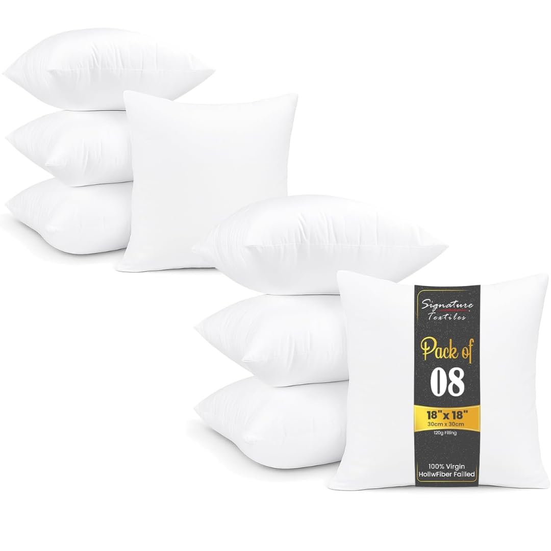 White Signature Textiles® Cushion Inserts Hypoallergenic Fluffy Cushion Inner Perfect Hollowfibre For Sofa Cushion Pads 18"X18" Pack Of 8