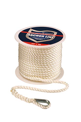 attwood 11734-1 Premium 3-Strand Twisted Nylon Anchor Line with Thimble 3/8-Inch x 100-Feet, White, One Size