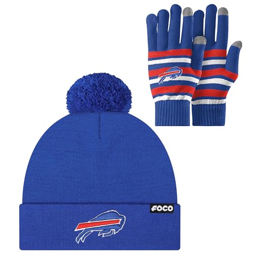FOCO Buffalo Bills NFL Stretch Gloves & Logo Pom Knit Cap Hat Winter Beanie - Bundle