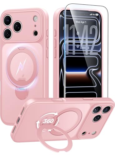 Image of FNTCASE for iPhone 17 Pro-Max Case: [360 Spin Magnetic Stand] [Compatible with Magsafe] [Screen Protector] Translucent Matte Military Grade Shockproof Full Camera Protective Phone Cover - Pink