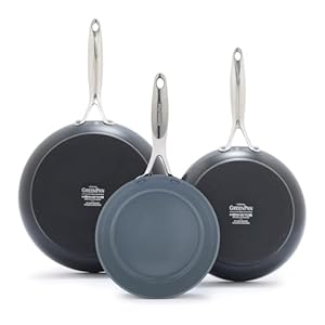 GreenPan Valencia Pro Hard Anodized 3 Piece Fry Pan Skillet Set, Ceramic Nonstick 8″ 9.5″ and 11″ Induction Suitable Frying Pans, PFAS-Free Cookware, Dishwasher Safe, Oven and Broiler Safe, Gray