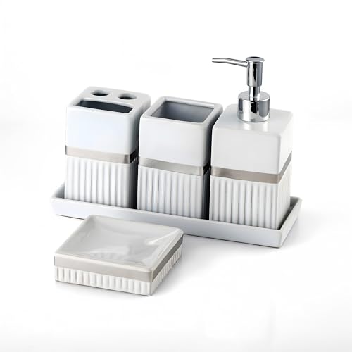 Ceramic Haven Elegance Collection | Set of 5 Luxury Bathroom Accessories | Soap Dispenser, Toothbrush Holder, Multipurpose Holder, Tumbler, Vanity Tray | Stylish Décor & Organiser (White Elegance)