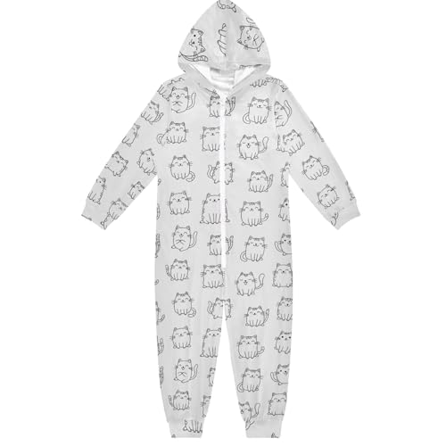 CHIFIGNO Pijama de una sola pieza con capucha y diseño de gatos, color blanco, para cosplay, con cremallera, Lindos gatos blancos, 5-6 años