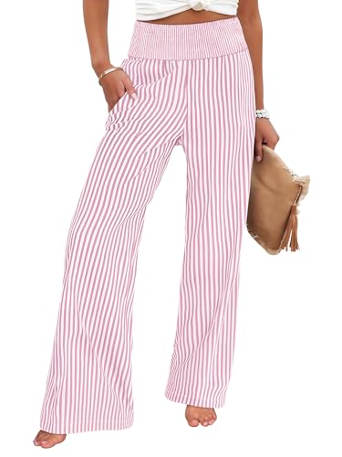 ANRABESS Womens Striped Gingham Palazzo Pants Pink White Stripe M
