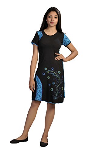 Mulheres vestido de manga curta com bordados e patch design., azul