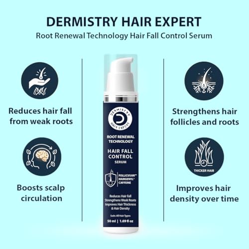 Image of Dermistry Follicusan Hairgenyl & Caffeine Hair Fall Control Hair Serum Strengthens Roots Improves Hair Thickness Density & Reduces Breakagses for Dry Frizzy Curly All Hair Type Men Women 50ml
