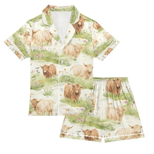 senya Highland Cattle Meadow Satin Summer Pajama Sets Silk Short Sleeve Button Down Sleepwear