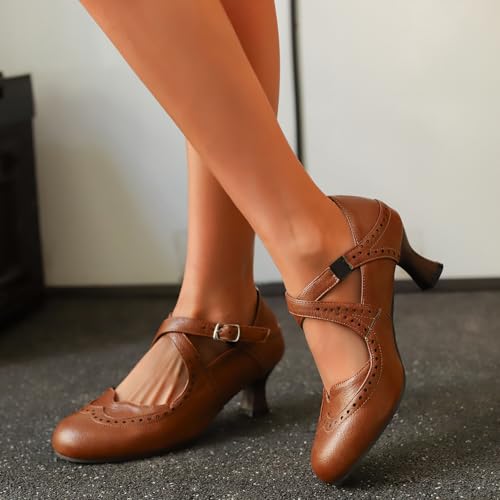 Women's Vintage Wingtip Oxfords Ankle Strap Cut Out Low Heel Brogue for Women4