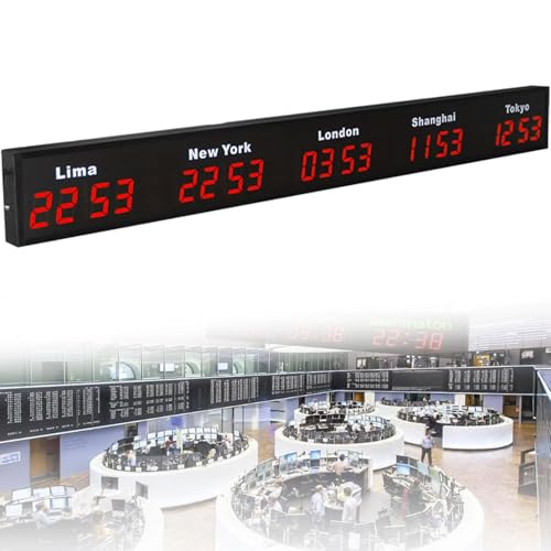 Grande Orologio Mondiale Digitale a LED, Orologio Mondiale da Parete con 3/4/5 Fusi Orari, Fusi Orari delle Città, Hotel, Multinazionali, Commutabile tra 12/24 Ore, Verde-5 Città