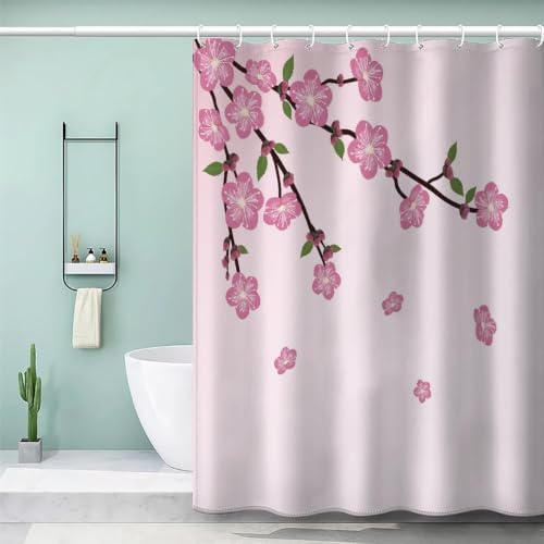 Cortina de Ducha con Estampado de Flores de Cerezo, 280x200cm Flores Rosas, Estilo japonés romántico, Textil de poliéster Impermeable Cortina de Ducha antimoho, con Ganchos