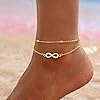 HARJJME Bracelet de cheville pour femme - En argent 925 - Or 925 - Double cœur - Perles - Twist Infinity - Réglable - Pour l'été - Plage - Cadeau, Gold 22+5CM Verstellbar, Bronze, Diamant #1
